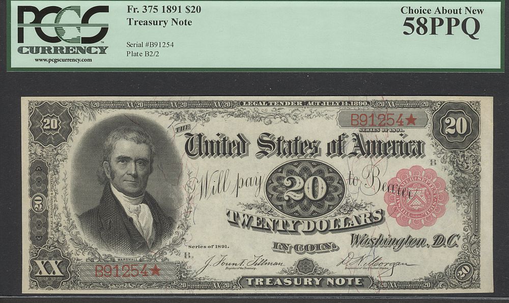 Fr.375, 1891 $20 Treasury Note, B91254, Choice AU, PCGS58-PPQ